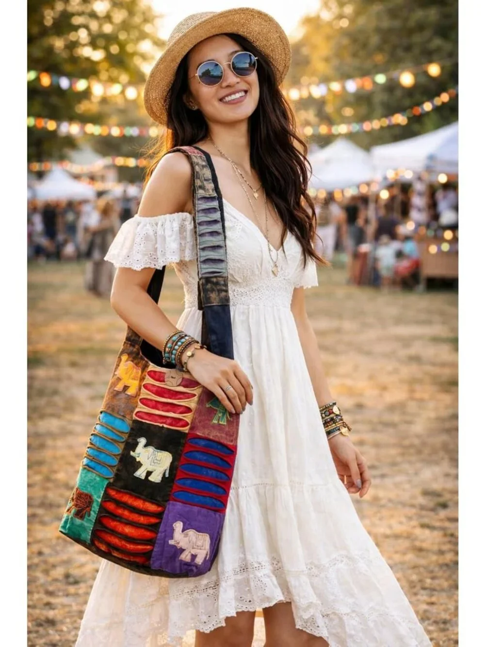 Colorful Boho Shoulder Bag for Women - Sling Slouchy Hippie Style (Elephant